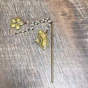 Japanese hair pin stick with fan, flower, and pearls